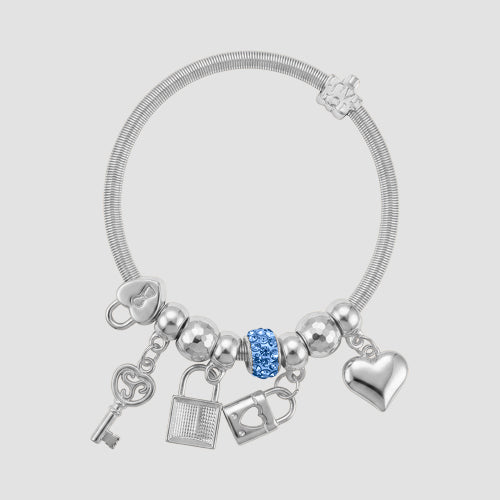 B079 Padlock & Key Rhinestone Stretch Charm Bracelet in Silver & Light Blue