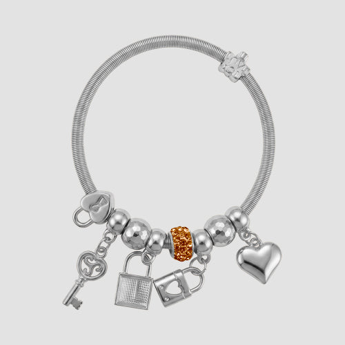 B079 Padlock & Key Rhinestone Stretch Charm Bracelet in Silver & Orange