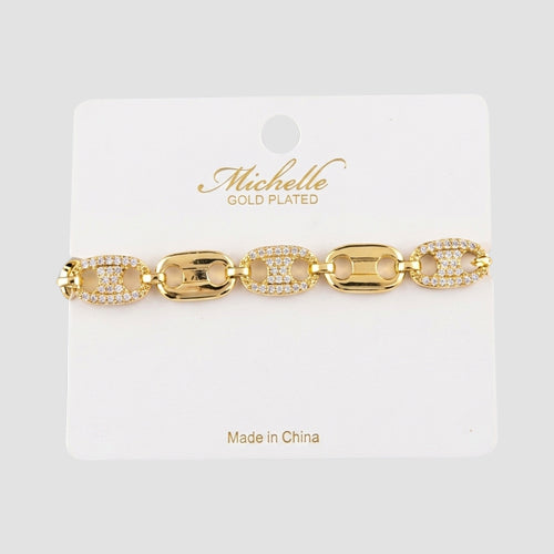 Gold Plated Tab Chain Rhinestone Bracelet in Gold