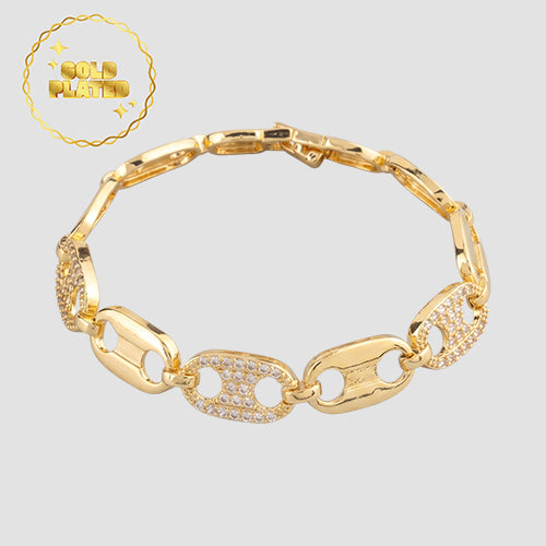 Gold Plated Tab Chain Rhinestone Bracelet in Gold