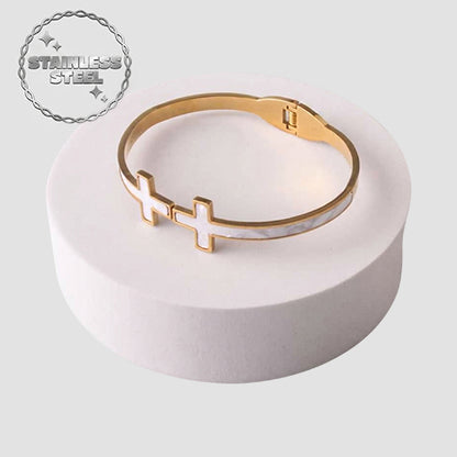 Stainless Steel Pearl Inlay Cross Bracelet in Gold & White