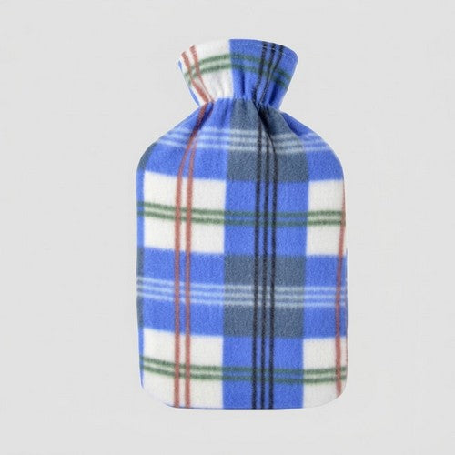 21759 Fleece-Covered Plaid Large Hot Water Bottle in Blue