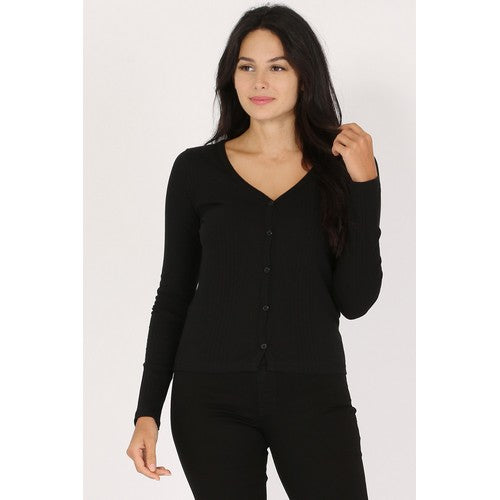 T2816R Ribbed V-Neck Cardigan in Black