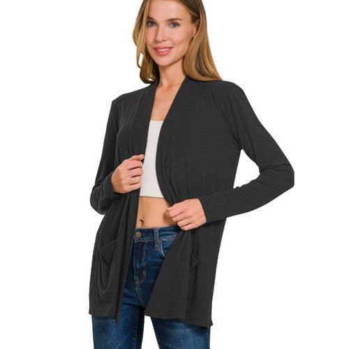 RC-1445D4 Lightweight Open Front Cardigan in Black