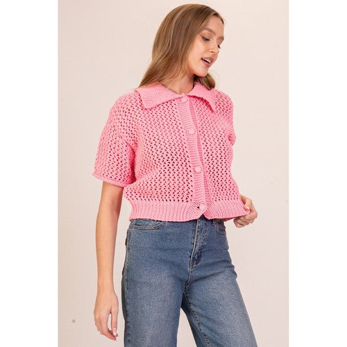 NK11590 Crochet Milkmaid Cardigan in Pink