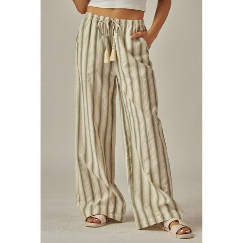 CELINE-250 Striped Relaxed Wide Leg Linen Pants in Olive