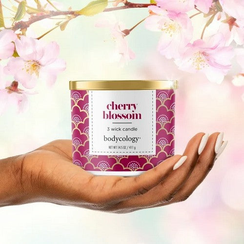 900038 Bodycology Cherry Blossom Scented 3-Wick Soy Candle, 14.5 oz