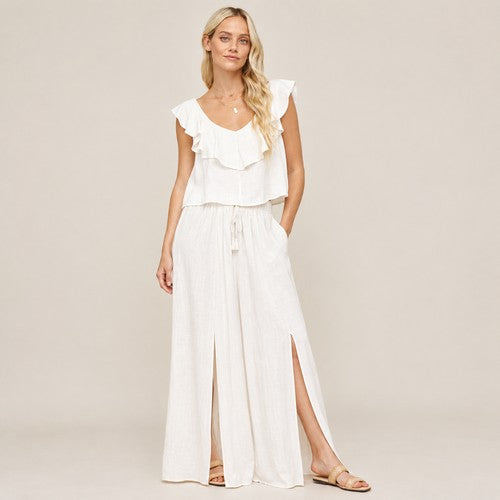 Linen Slit Front Pant Set in White