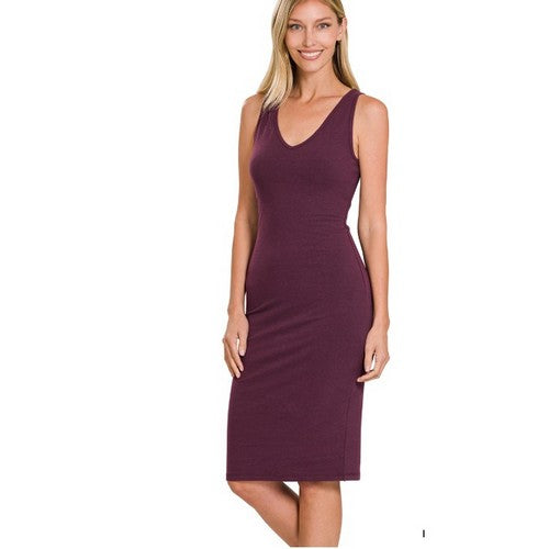 CS-3277D4 Premium Cotton Sleeveless V-Neck Midi Dress in Eggplant