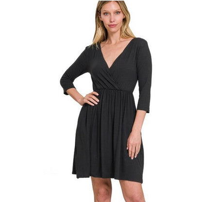 PD-2377A Buttery Soft Fabric Surplice Dress in Black