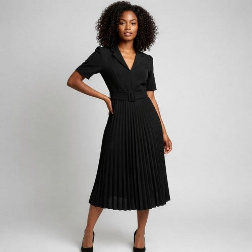 Monsoon Heavy Crepe Pleat Midi Dress in Black