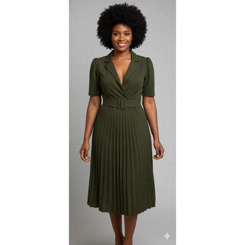 Monsoon Heavy Crepe Pleat Midi Dress in Olive