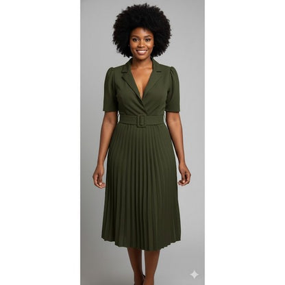 Monsoon Heavy Crepe Pleat Midi Dress in Olive