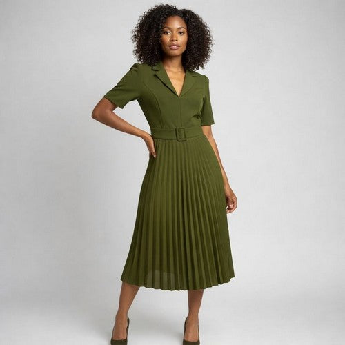Monsoon Heavy Crepe Pleat Midi Dress in Olive