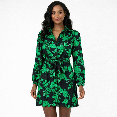 New Look Satin Drawstring Floral Shirt Dress in Green