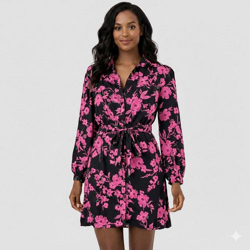 New Look Satin Drawstring Floral Shirt Dress in Pink
