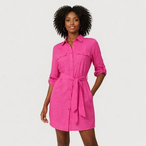 Belted Turn-Up Sleeve Linen Shirt Dress in Fuchsia