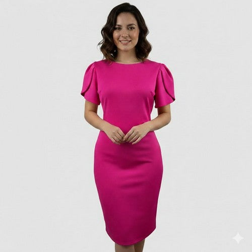 Kalijati Tulip Sleeve Scuba Sheath Dress in Fuchsia