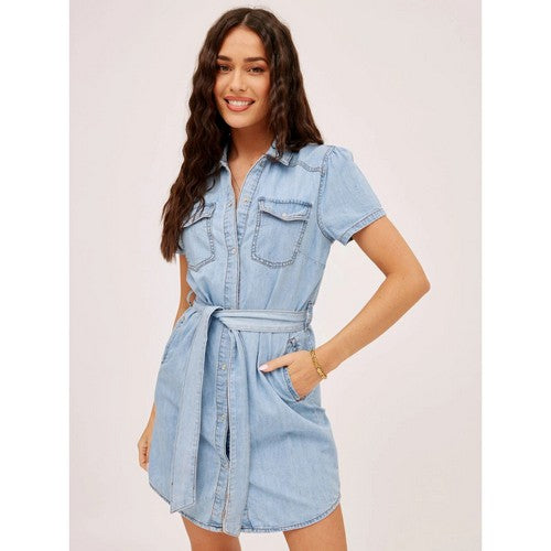 New Look Belted Popper Shirt Dress Light Denim