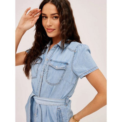 New Look Belted Popper Shirt Dress Light Denim