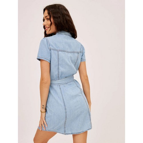 New Look Belted Popper Shirt Dress Light Denim