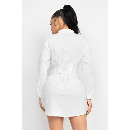 Lace-Up Corset Shirt Dress White