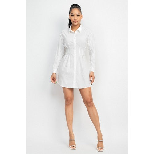 Lace-Up Corset Shirt Dress White