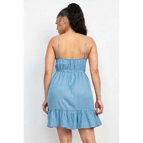 Scallop Neckline Strappy Tier Dress Medium Denim