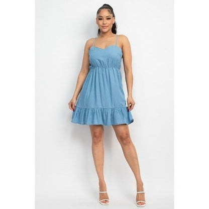 Scallop Neckline Strappy Tier Dress Medium Denim