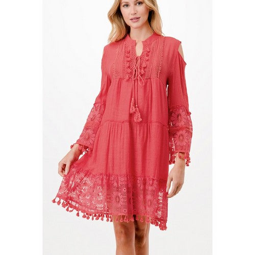 Plus Size Cold Shoulder Lace Combination Dress Coral Pink