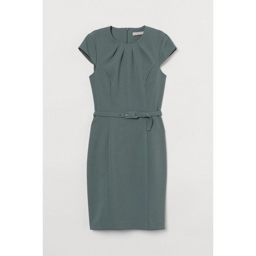 H&M Cap Sleeve Belted Work Dress Grey-Green