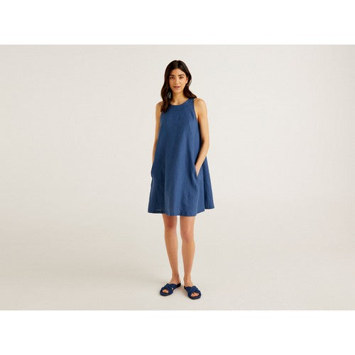 Benetton 100% Linen Sleeveless Dress Blue