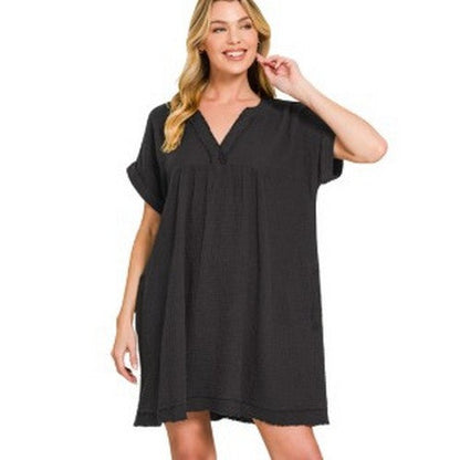 QD-1224D4 Raw Edge V-Neck Smock Dress in Black