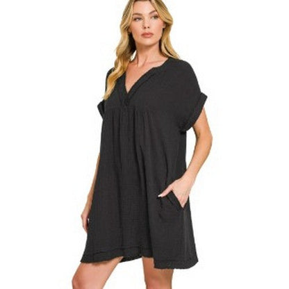 Raw Edge Linen-Look V-Neck Smock Dress in Black
