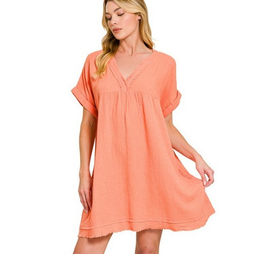 QD-1224D4 Raw Edge V-Neck Smock Dress in Coral