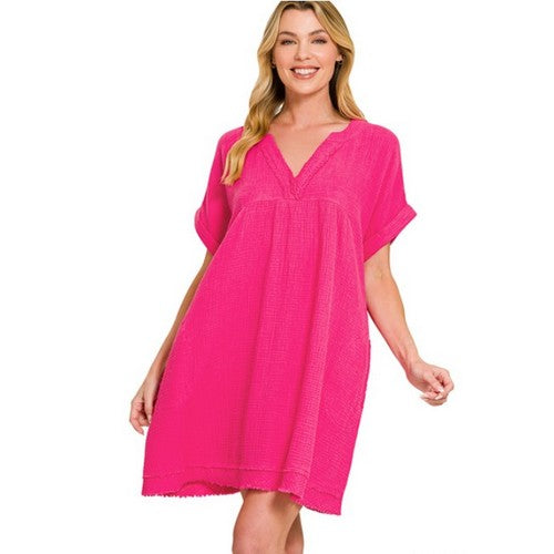 QD-1224D4 Raw Edge V-Neck Smock Dress in Hot Pink