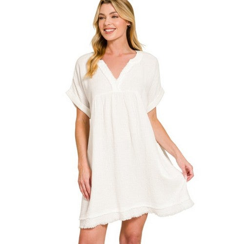 QD-1224D4 Raw Edge V-Neck Smock Dress in White