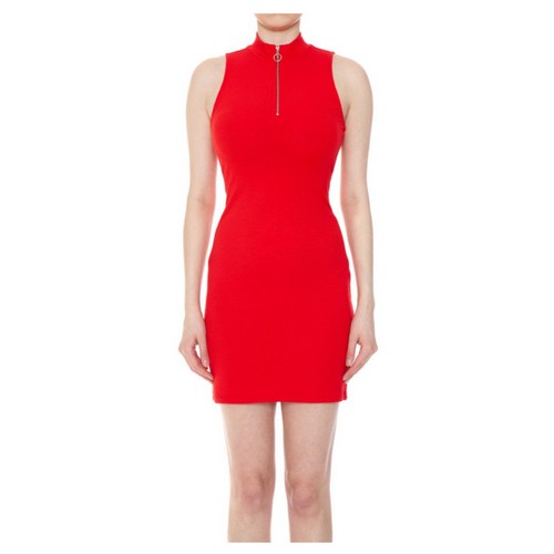 74415 Ribbed O-Ring Zipper Sleeveless Mini Dress B.Red