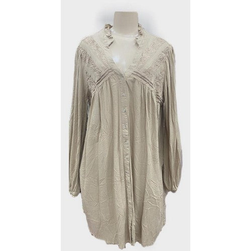 Linen Crochet Fray Shirt Dress Beige