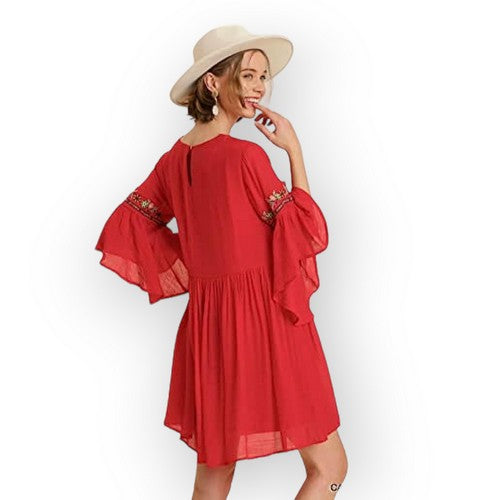 Embroidered Bell Sleeve Dress Red