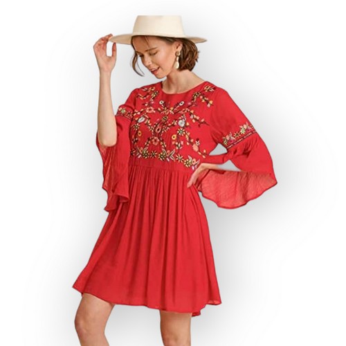 WC1029 Embroidered Bell Sleeve Dress Red