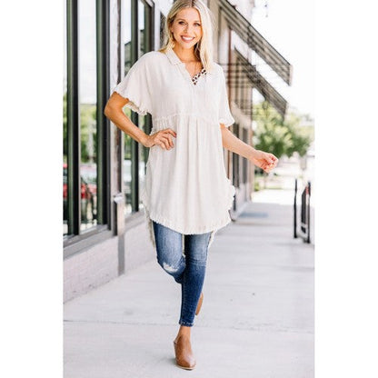 Leopard Trim Linen Fray Tunic Dress Oatmeal