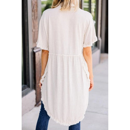 Leopard Trim Linen Fray Tunic Dress Oatmeal