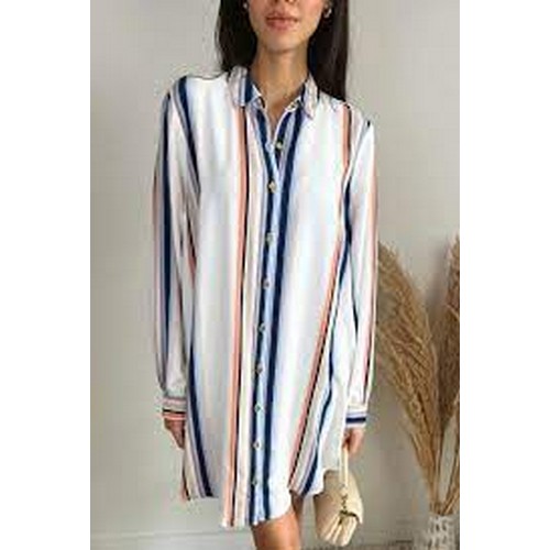 Metallic Button Shirt Dress Stripe Blue