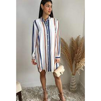 Metallic Button Shirt Dress Stripe Blue