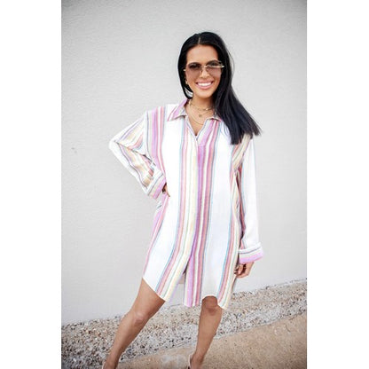 Metallic Button Shirt Dress Stripe Pink