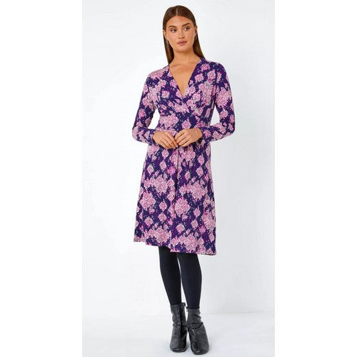 Wallis V-Neck Jersey Dress Purple Print