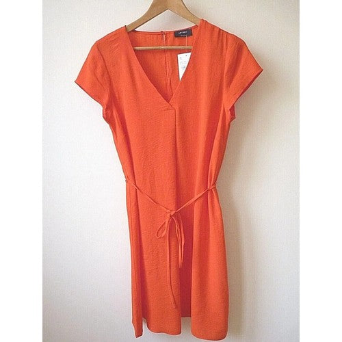 Yessica V-Neck Single Pleat Short Sleeve Knee Length Dress Orange