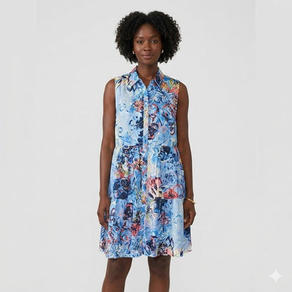 Floral Sleeveless Shirt Dress Blue