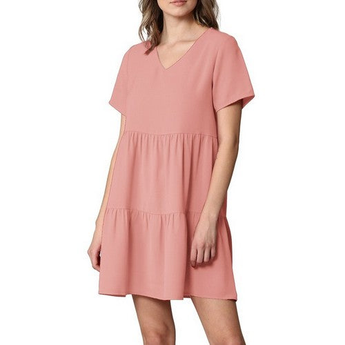 WDR2354 V-Neck Tiered Dress in Pink